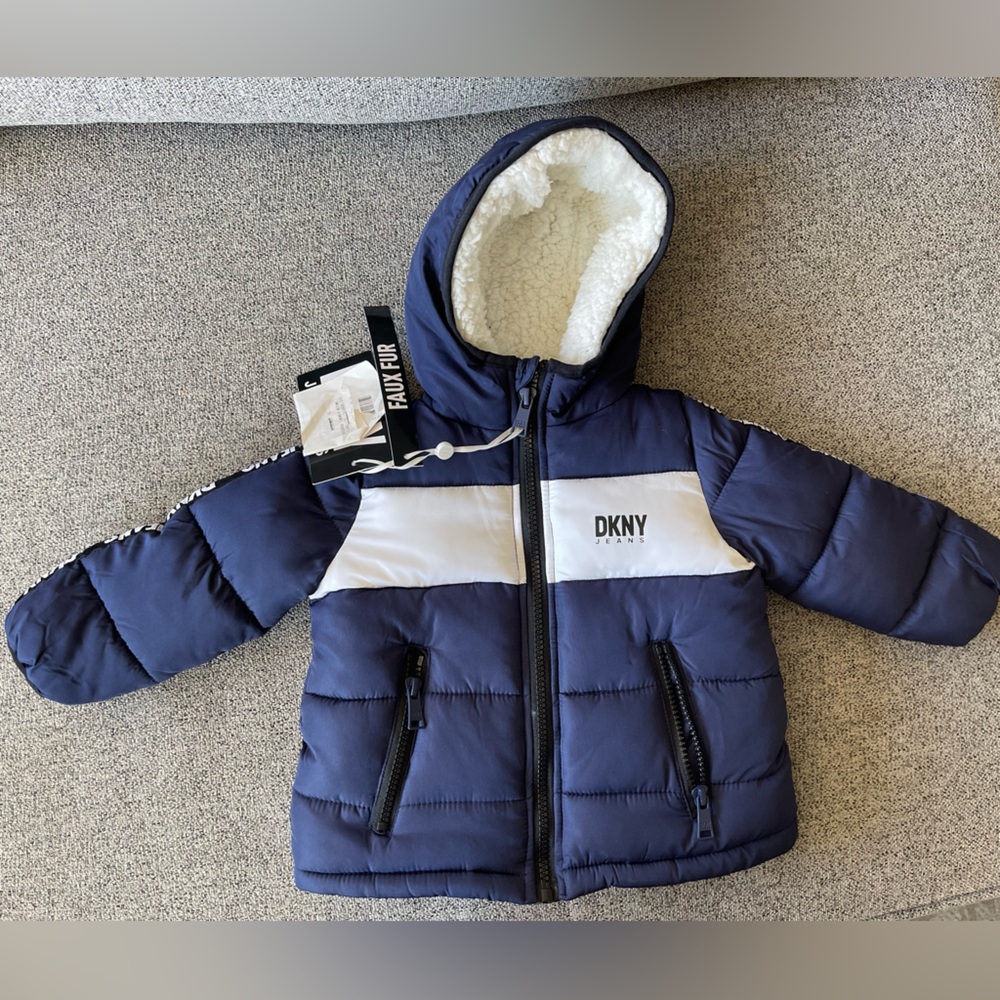 DKNY Navy Blue Fleece-Lined Puffer Jacket with Hood, 12 months